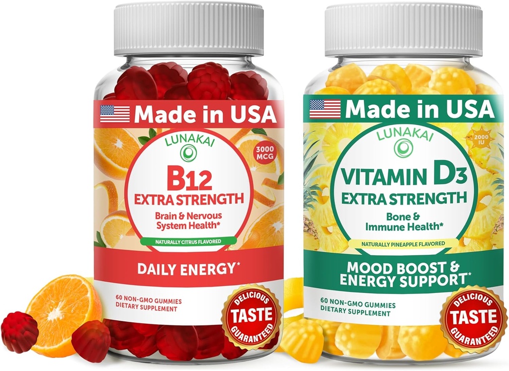 Lunakai Vitamin B12 og Vitamin D3 Gummies Bundle - 3000 mcg B12 og 25 mcg 1000 UI VIT D3 - Gluten Free, No Corn Syrup, Organic, Non- GMO, Plant Based Gelatine Free