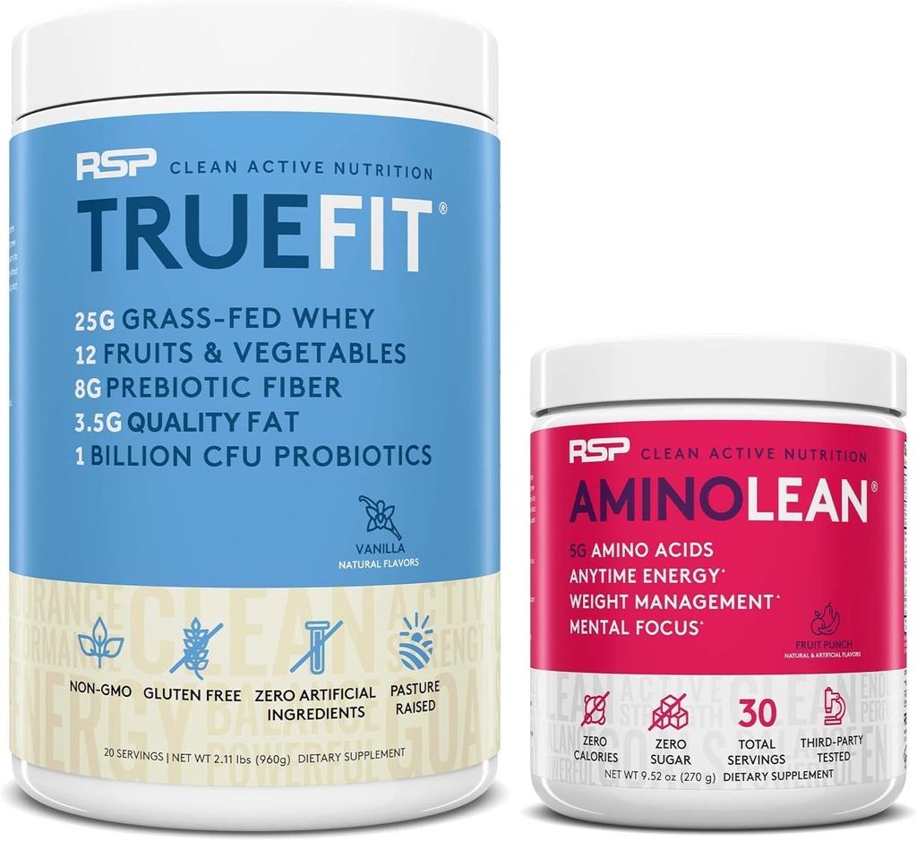 RSP NUTRITION AminoLean Pre Workout Energy (Fruit Punch 30 Servering) med TrueFit Protein Powder (Vanilla 2 LB)