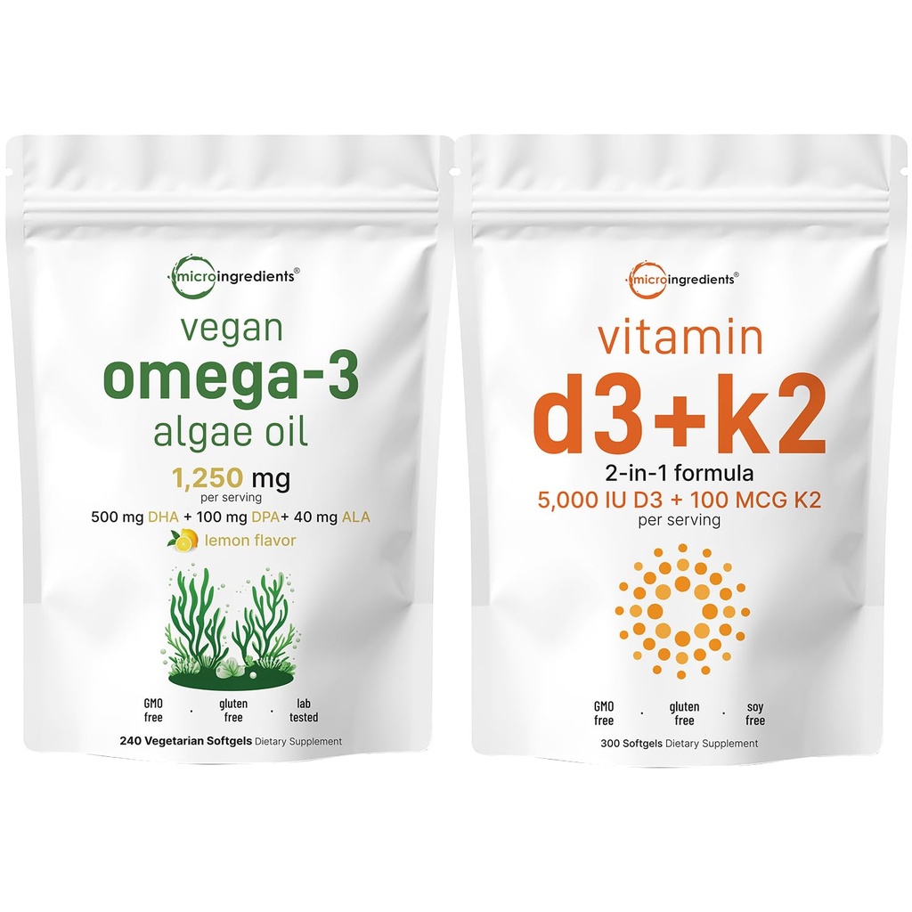 Micro Ingredients Vitamin D3 5,000iu + K2 100mcg Softgels & Vegan Omega 3 Algae Oil Supplement Bundle 2 Pack 124; Essential Sunshine Vitumme Budding 124; Omega-3 Fuld Spektrum Alternativ til Fish Oil