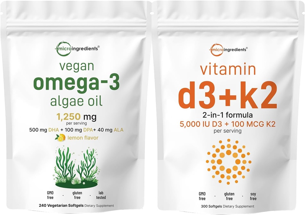 Micro Ingredients Vitamin D3 5,000iu + K2 100mcg Softgels & Vegan Omega 3 Algae Oil Supplement Bundle 2 Pack 124; Essential Sunshine Vitumme Budding 124; Omega-3 Fuld Spektrum Alternativ til Fish Oil