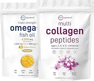 Micro Ingredients Multi Collagen Protein Powder 2 Pounds & Omega-3 Fish Oil 4,200 mg Softgels Bundle 2 Pack | Grass-Fed Collagen Peptides | Wild-Caught Fish, Lemon Flavored, Burpless