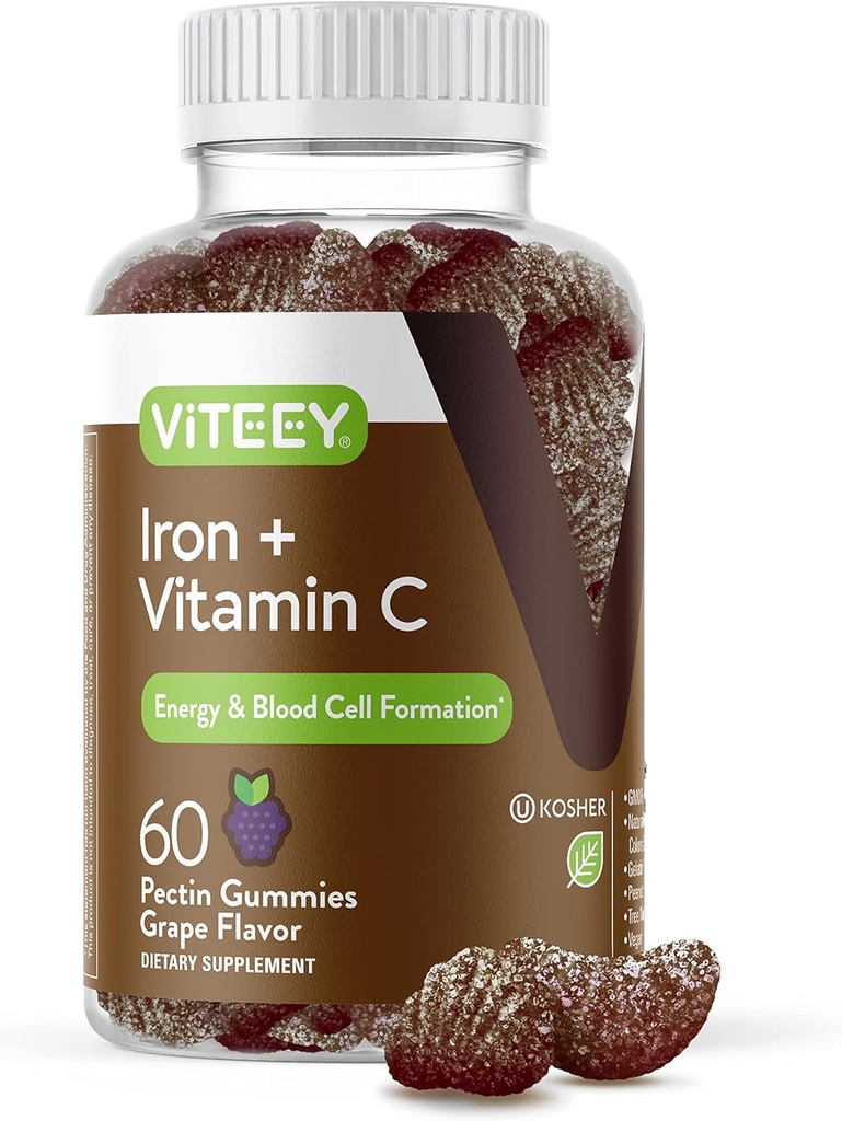 Viteey Iron Gummies - Jern med C-vitamin - Energi, Bood Support og Anæmi supplement til kvinder & mænd - Vegan, Gluten Free - 60 Greve