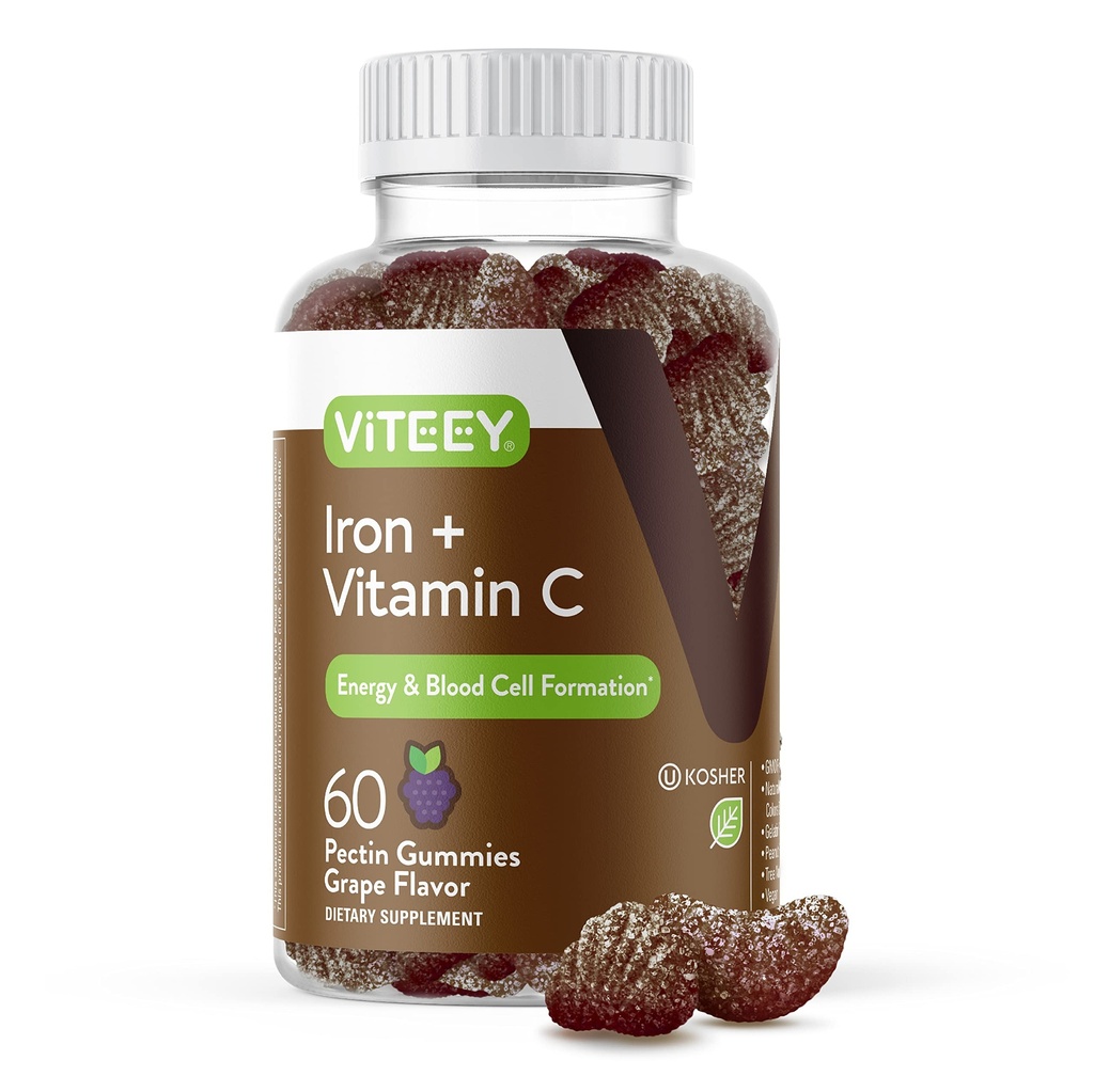 Viteey Iron Gummies - Jern med C-vitamin - Energi, Bood Support og Anæmi supplement til kvinder & mænd - Vegan, Gluten Free - 60 Greve
