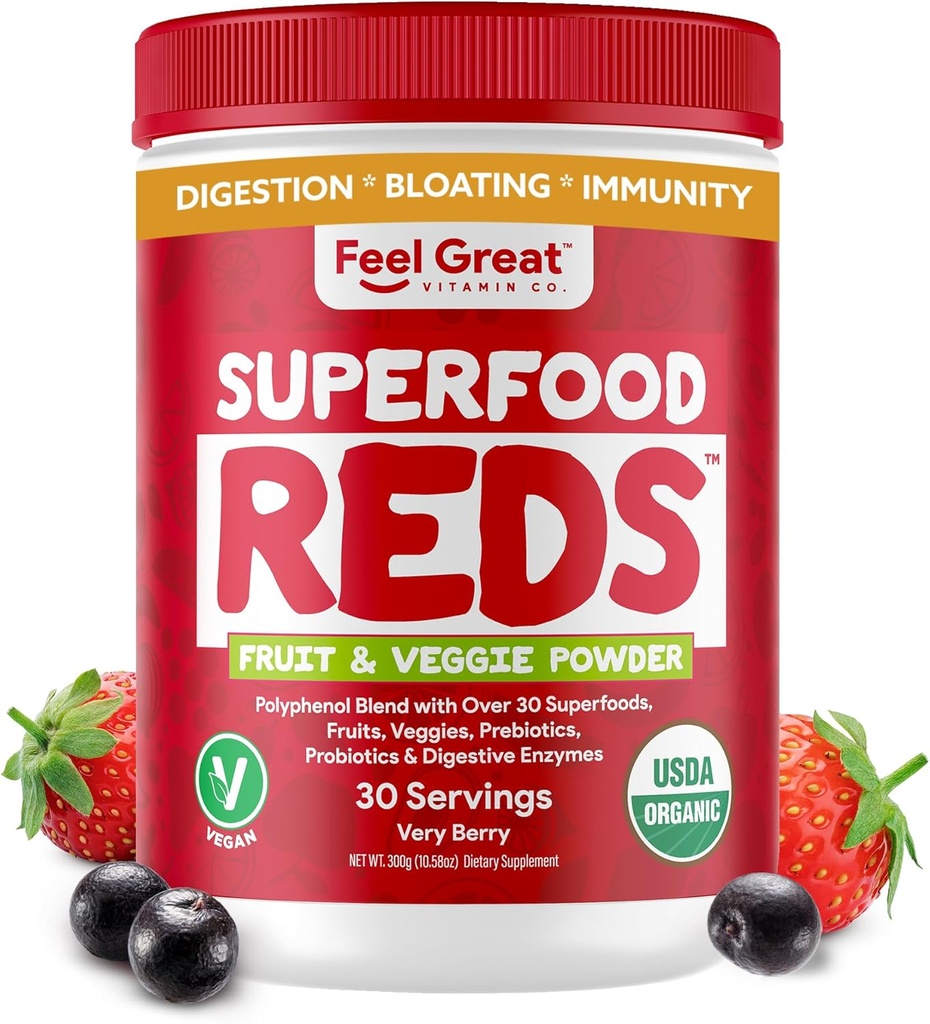 Mear Great Organic Superfood Reds Powder pakket med Beet Root Powder Budd124; fordøjelsesstøtte herunder Bloating Relief Budd124; Frugt og Veggie Polyphenoler supplement.