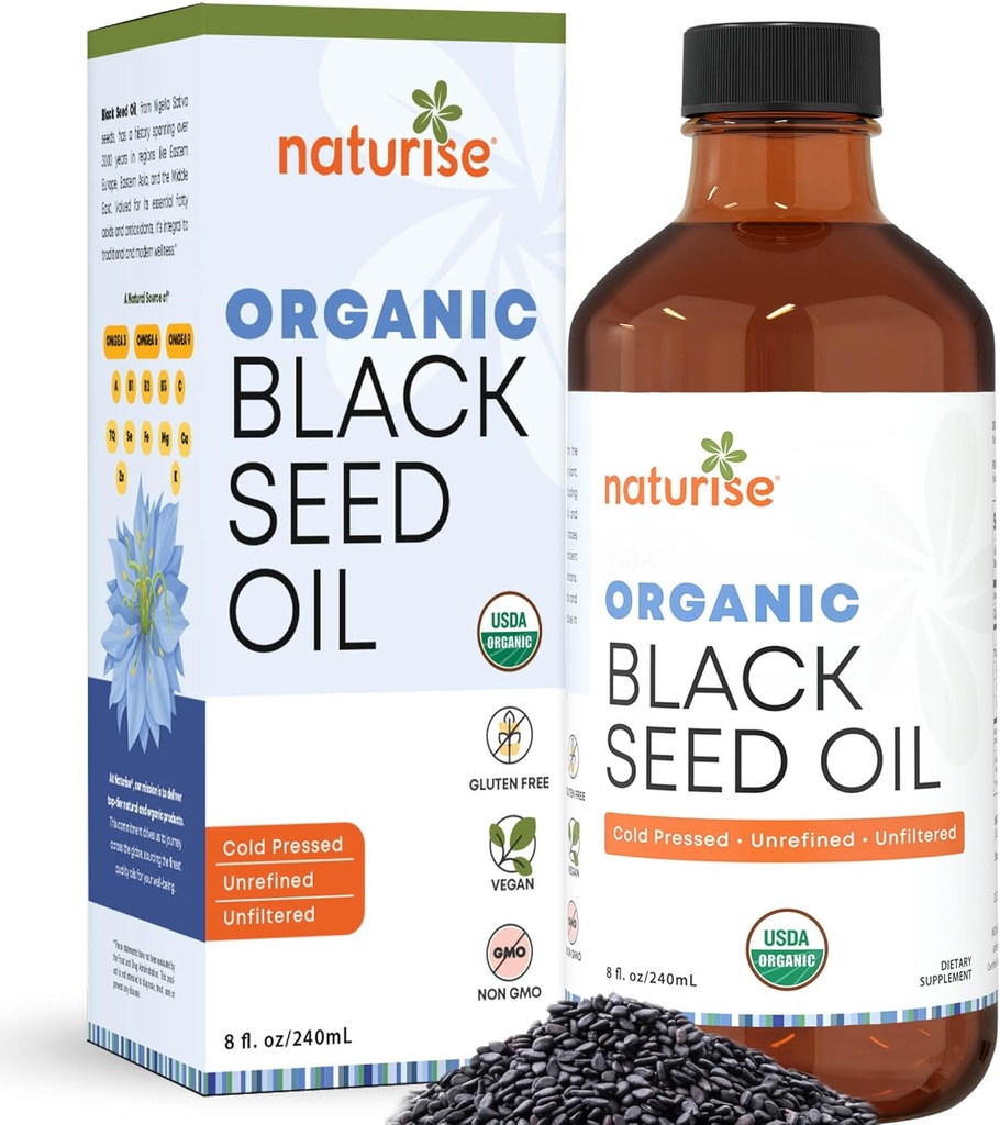 Organic Black Seed Oil (Nigella Sativa, Cumin Seed) Cold Pressed Non-GMO, 8 oz glasflaske Kilde til essentielle fedtsyrer, Omega 3 6 9 "