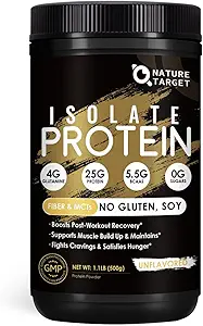 NATURTARGET Whey Isolate Protein Powder, Unflavored, 25g Protein, Low Carb Protein Powder, Sugar- Free, for Mænd & Kvinder, 5,5g BCAAs, Rich in Fibers & Minerals, 1.1 Pound (500g)