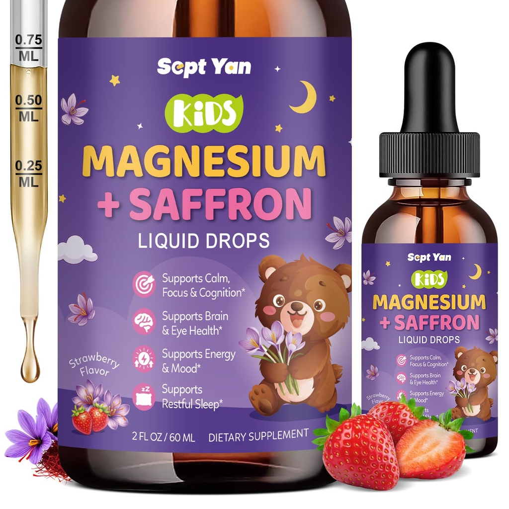 Magnesium Glycinate Liquid Drops, 1000 mg Magnesium Glycinate, Citrate & Threonat med Cellulose Fiber, L- Theanin, B-vitamin & C til søvn, Muskel, Energi & Afslapning, Sukkerfri Lemon Flavor