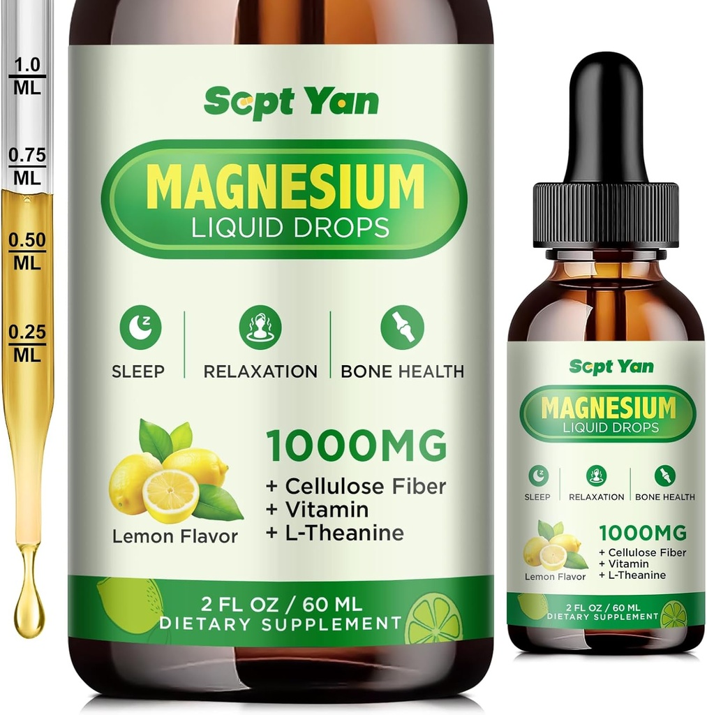 Magnesium Glycinate Liquid Drops, 1000 mg Magnesium Glycinate, Citrate & Threonat med Cellulose Fiber, L- Theanin, B-vitamin & C til søvn, Muskel, Energi & Afslapning, Sukkerfri Lemon Flavor