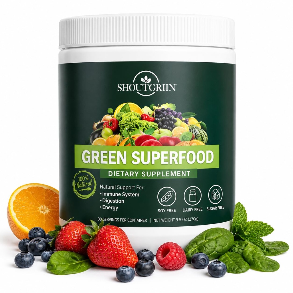 Green Superfood Powder - Organic Super Green med 100 Millioner CFU Probiotika & fordøjelsesenzymer - Vegan, Keto, Sugar- Free Daily Green Supplement - Energi, Gut Sundhed & Immunitet