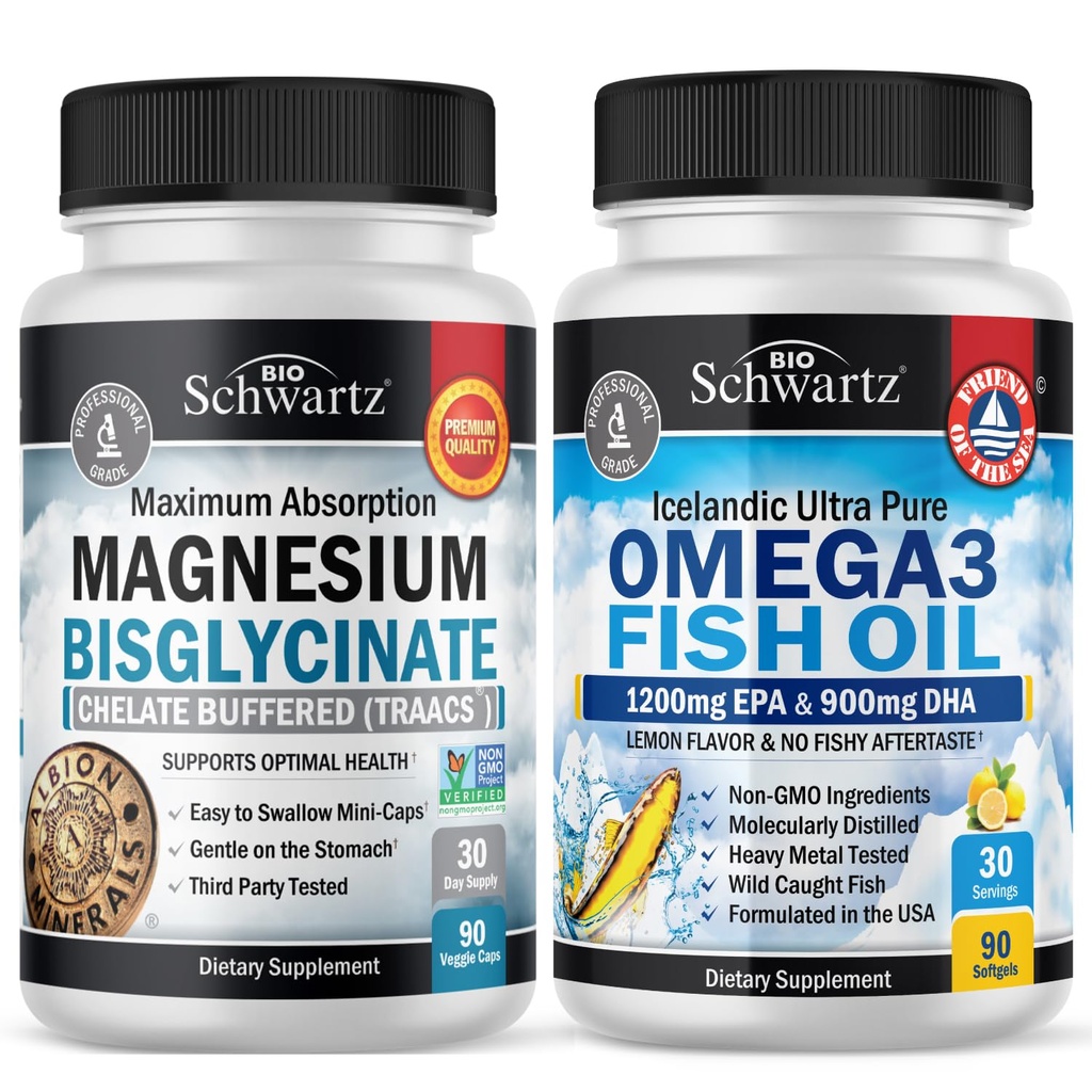Magnesium Bisglycinate 180 Grev + Omega 3 Fiskeolie 90 Grev Bundle
