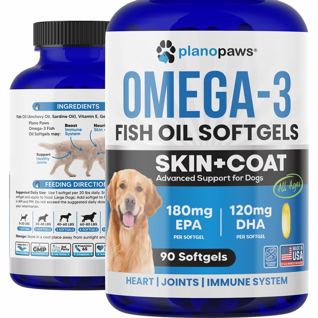 Omega 3 Fish Oil for Dogs - Salmon Oil for Dogs - Hundeolie supplement kan hjælpe med at fjerne, Allergi, Itch Relief - understøtter tør hud, Joints - Hundehud og Coat Supplement - 90 Fish Oil Pills EPA DHA