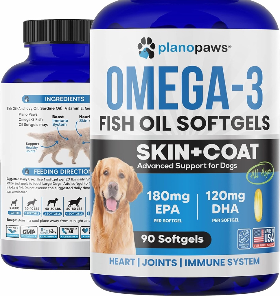 Omega 3 Fish Oil for Dogs - Salmon Oil for Dogs - Hundeolie supplement kan hjælpe med at fjerne, Allergi, Itch Relief - understøtter tør hud, Joints - Hundehud og Coat Supplement - 90 Fish Oil Pills EPA DHA