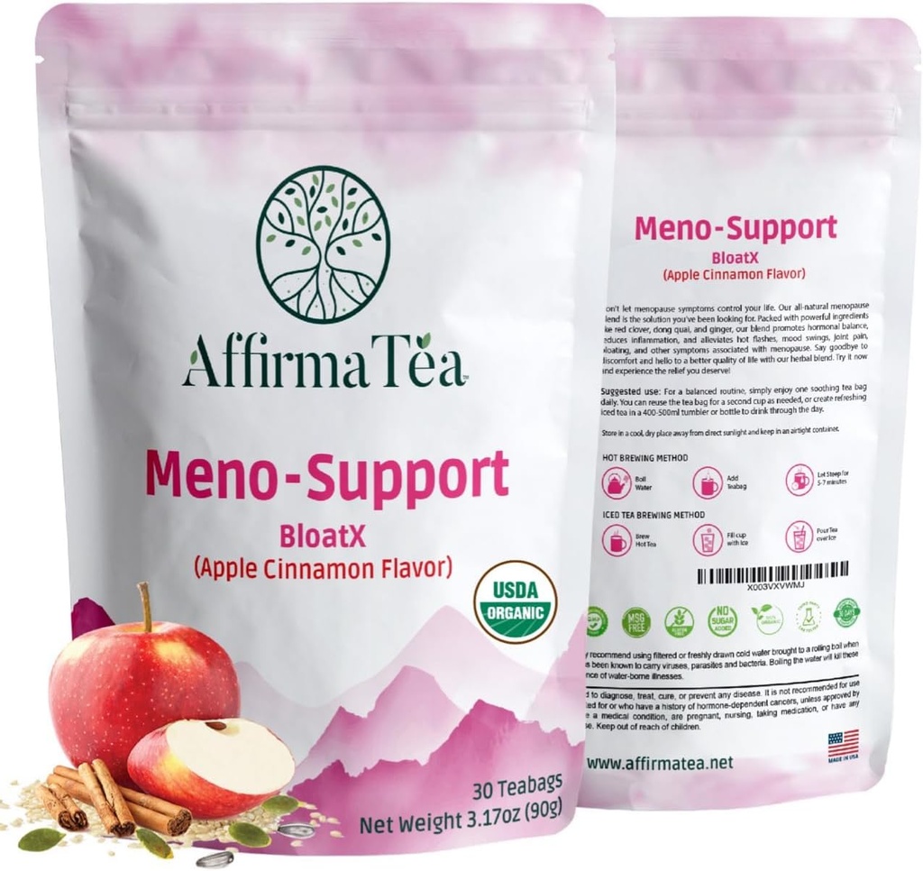 Meno-Support BloatX Organic Menopause Relief: Balancer & Understøtter Hot Flashes, Hormon, Moods Swings, Night Sweats, & Bloating W / Black Cohosh, Red Clover & Dong Quai. Natural Apple- kanel Flavor.