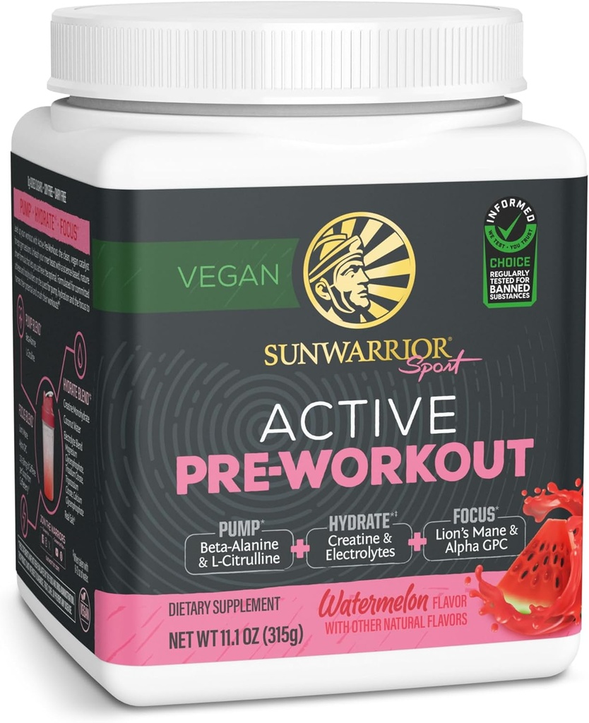 Sunwarrior Pre Workout Powder Energy Drink 124; Vegan Plant- baseret supplement # 124; Pump, Hydrate, Focus, Endurance, & Strength Builder # 124; Watermelon Flavored 30 Servering # 124; Aktiv Preworkout