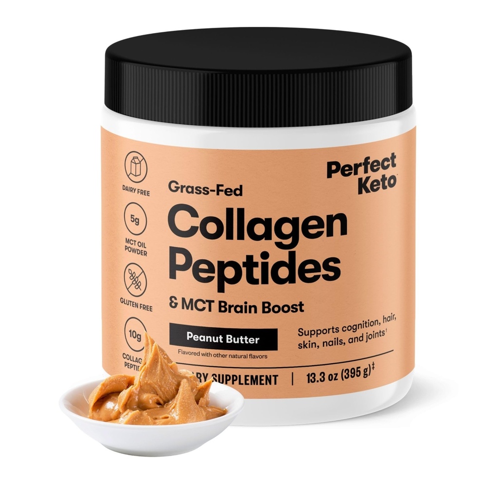 Perfect Keto Collagen Peptider Protein Powder med MCT Oil, Hydrolyzed Collagen, Type I & III tillæg, Gluten Free Grass Fed, Low Carb, Keto Coffee Creamer, Collagen for kvinder & mænd, Jordnøddesmør