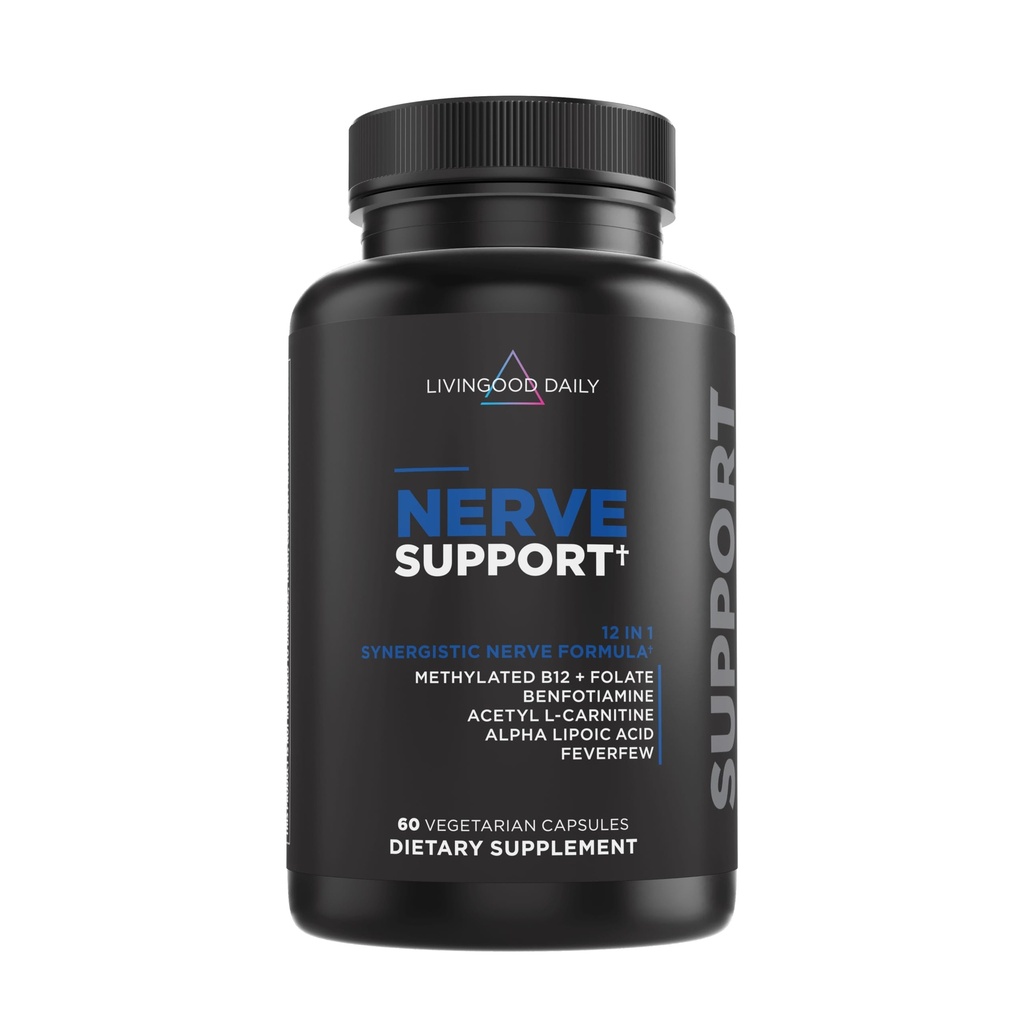 Livingood Daily Nerve Support for Women & Men, 12- in-1 Nerve Health Formel med Methylerede B12, Folate, Benfotiamin, Alpha Lipoic Acid & Feverfeettle, Gluten Free, Non-GMO, 60 Kapsler