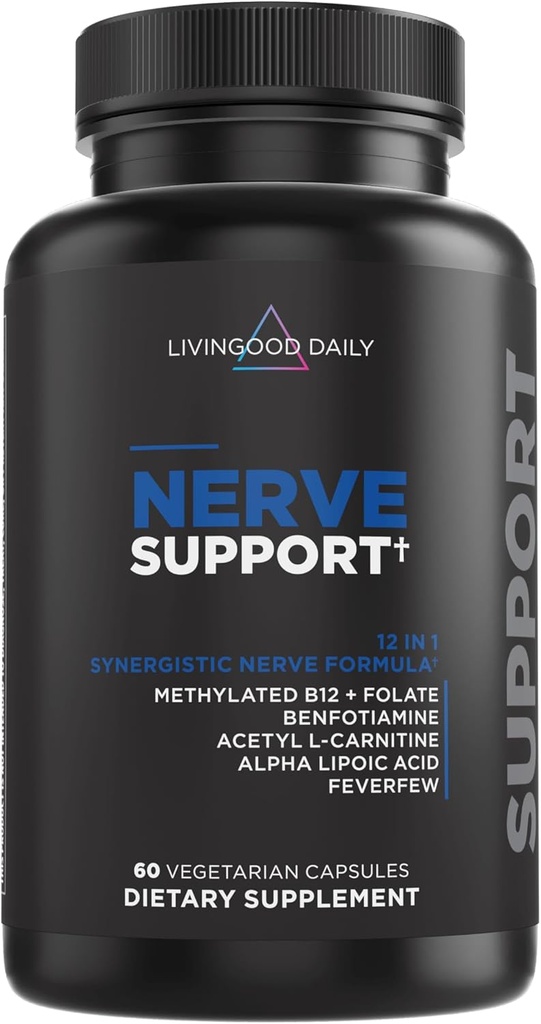 Livingood Daily Nerve Support for Women & Men, 12- in-1 Nerve Health Formel med Methylerede B12, Folate, Benfotiamin, Alpha Lipoic Acid & Feverfeettle, Gluten Free, Non-GMO, 60 Kapsler