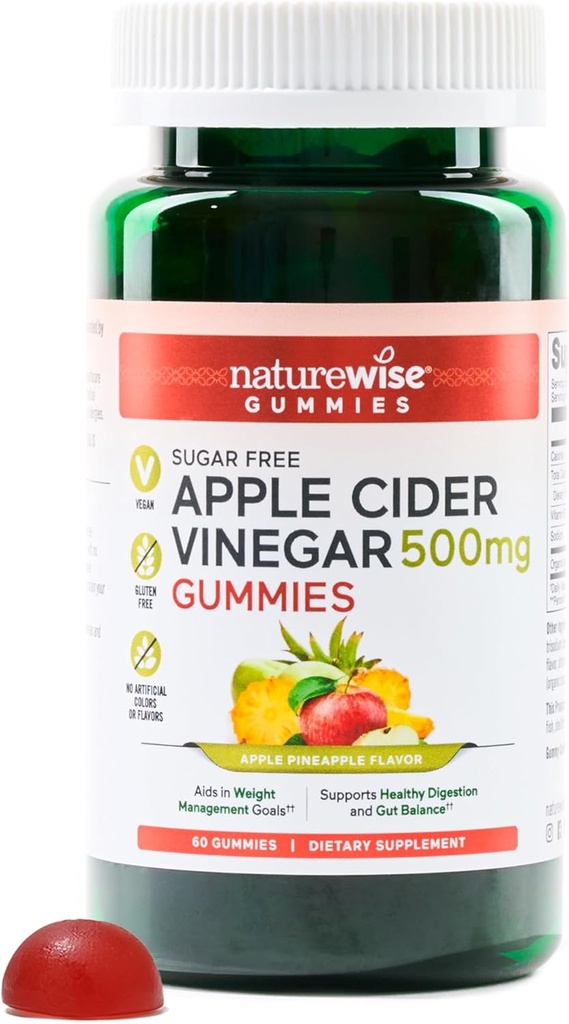 NatureWise Apple Cider Vinegava Keto Gummies - 1000mg ACV per 2, Sugar Free, Vegan - Energy & Gut Health - ACV Gummies W / Vitamin B12- 60 Gummies [1-måned Tilgang til 1000mg / 2- måned Tilgang til 500mg]