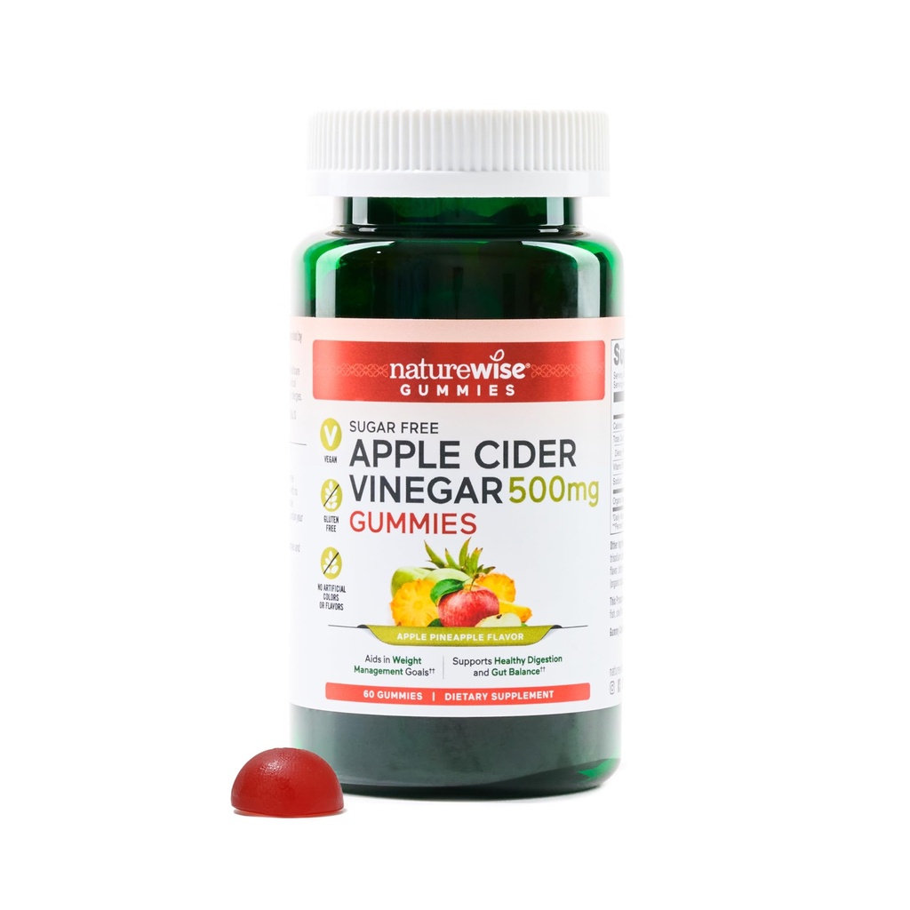 NatureWise Apple Cider Vinegava Keto Gummies - 1000mg ACV per 2, Sugar Free, Vegan - Energy & Gut Health - ACV Gummies W / Vitamin B12- 60 Gummies [1-måned Tilgang til 1000mg / 2- måned Tilgang til 500mg]