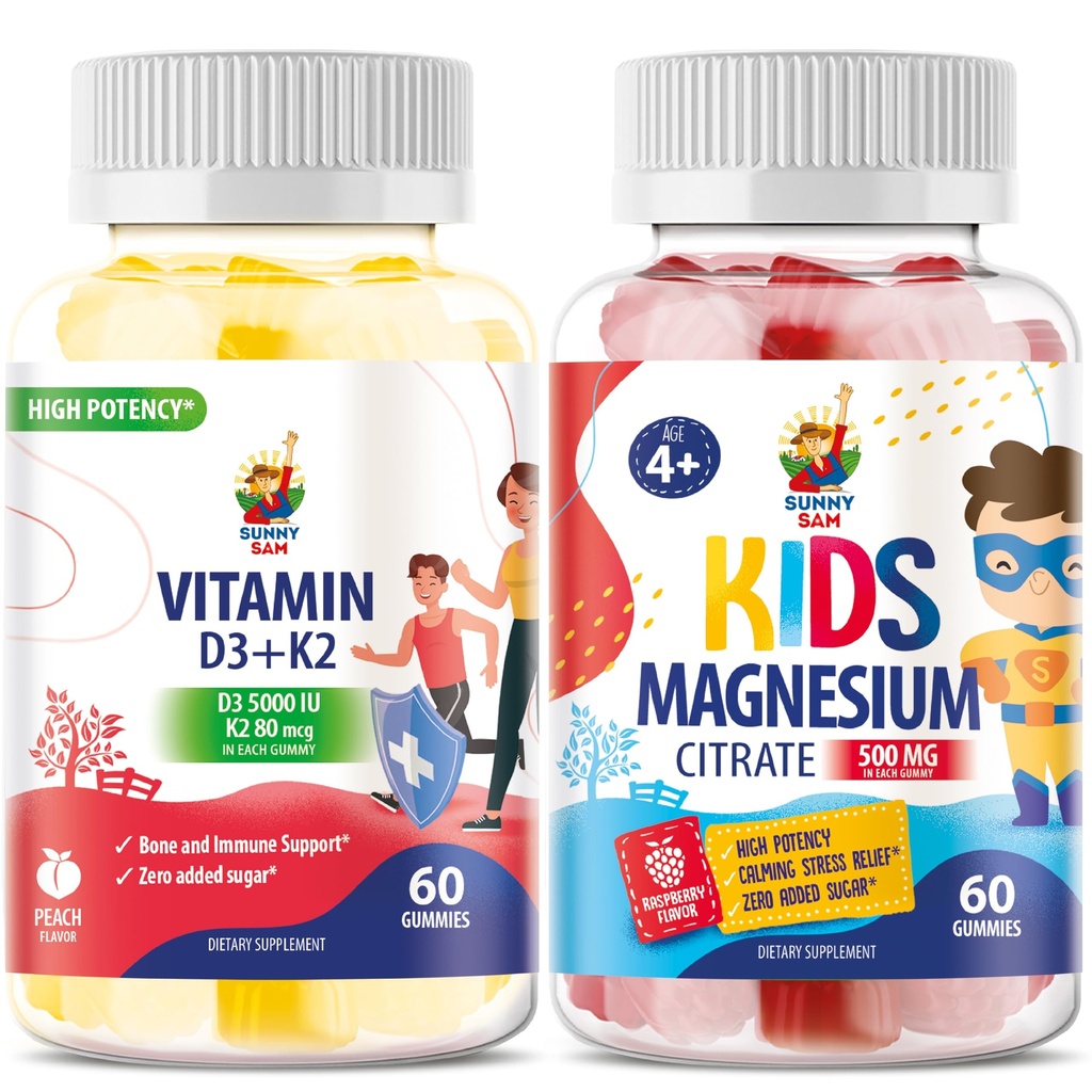 Magnesium Gummier til børn & vitamin D3 K2 Gummies 5000 IE - immun- og benstøtte - Sugar- Free vitamin D Gummy supplement - High- Absorption, Vegan, Gluten- Free Gummies til voksne