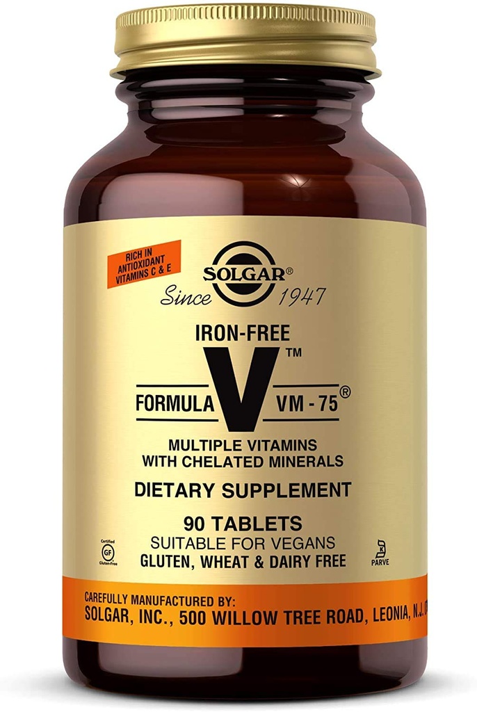 Solgar Iron- Free Formel VM- 75, 90 tabletter - Multivitamin med kattede mineraler - Vitamin A, B6, B12, C, D, E - Biotin, Magnesium, Calcium, Zink - Vegan, Gluten & Dairy Free, Kosher - 90 Servering