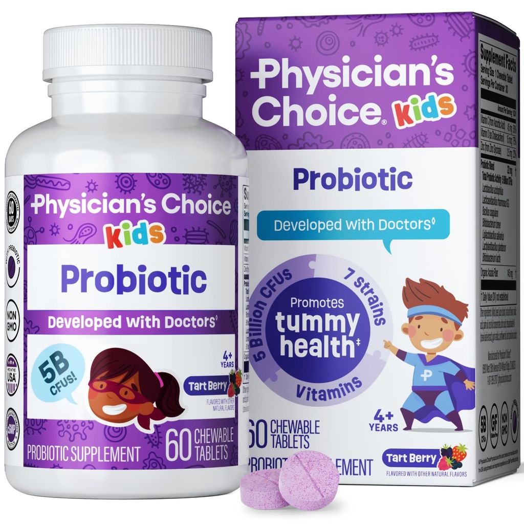 Lægens CHOICE Probiotika for børn - 7 Diverse Strops, Organic Prebiotics, Vitamin & Minerals - Klinisk Studerede L. Rhamnosus - immunforsvar & fordøjelsesstøtte - Ingen sukker eller kunstige farvestoffer - 60ct