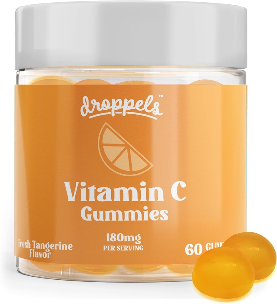 Droppels C-vitamin Gummies, 180 mg - Vegan, Pectin Plant- baseret immunforsvar Booster supplement - Tangerine Flavor, 60 greve (1-måned Tilgang)