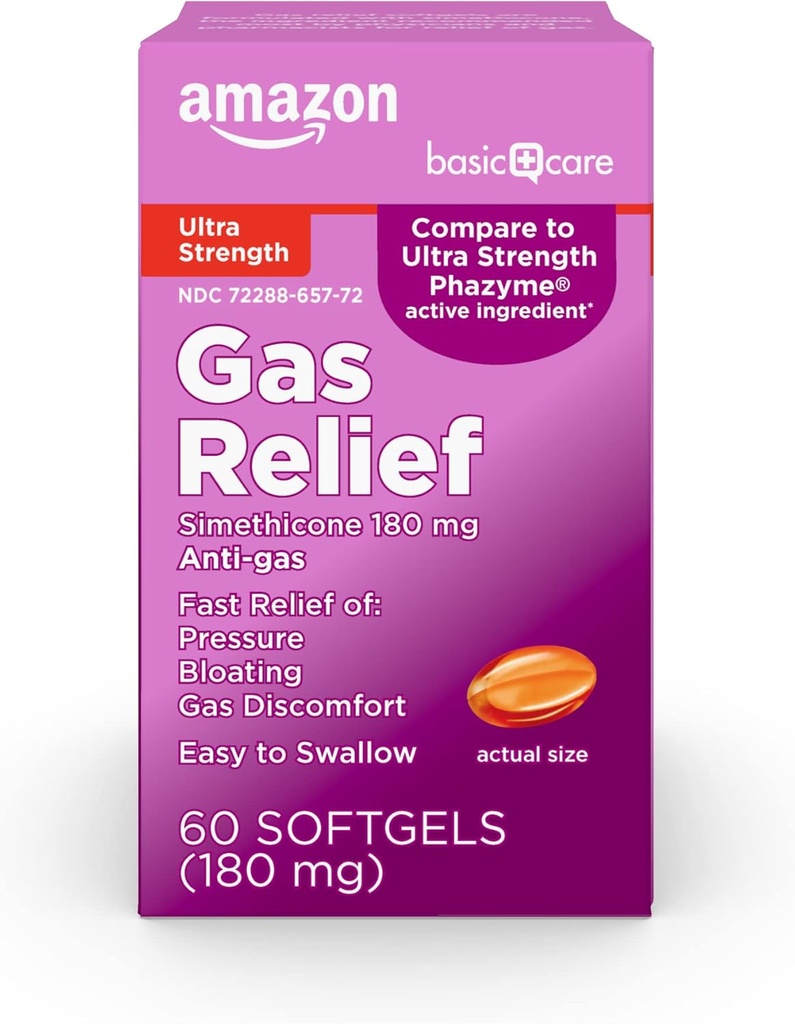 Basic Care Gas Relief, Ultra Strength Gas og Bloating Relief for voksne, 180 mg Simeticone Fast Gels, 48 Tæl