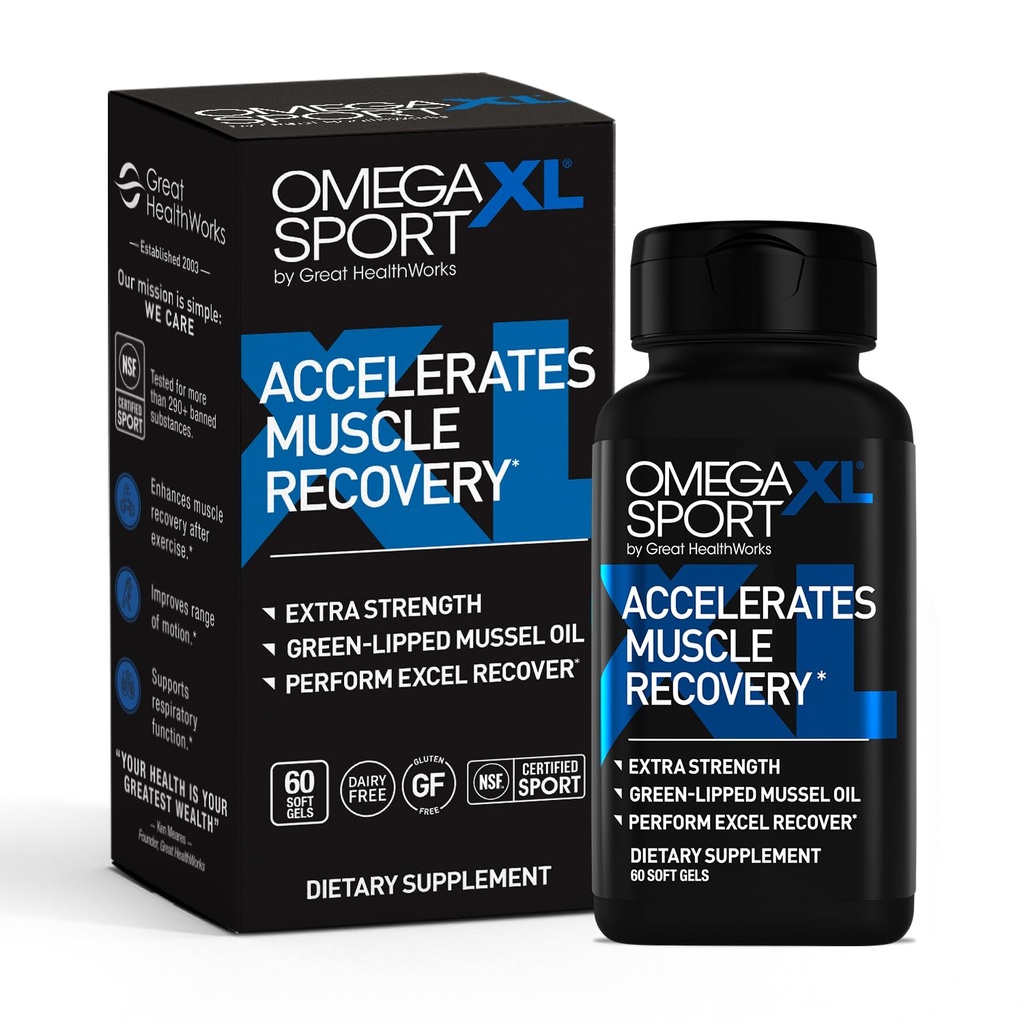 OmegaXL Sport Extra Strength Muscle Recovery Supplement og Respiratory Support - Forbedrer DOMS og ROM, Klinisk understøttet Green- Lipped Mussel Oil (60 Softgel)