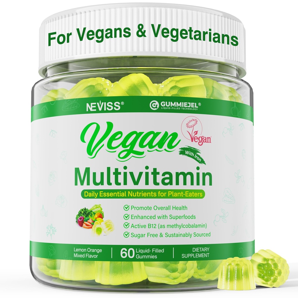 NEVISS Vegan Multivitamin for kvinder & mænd w / Methyl B12, D3 K2, Plant Based Omega 3 (DHA + EPA), Jern, Cholin, Zink, Hele fødevarer Daglige Vitamin Gummies for Vegans & Vegetarer, Sukker Free, 60Cts