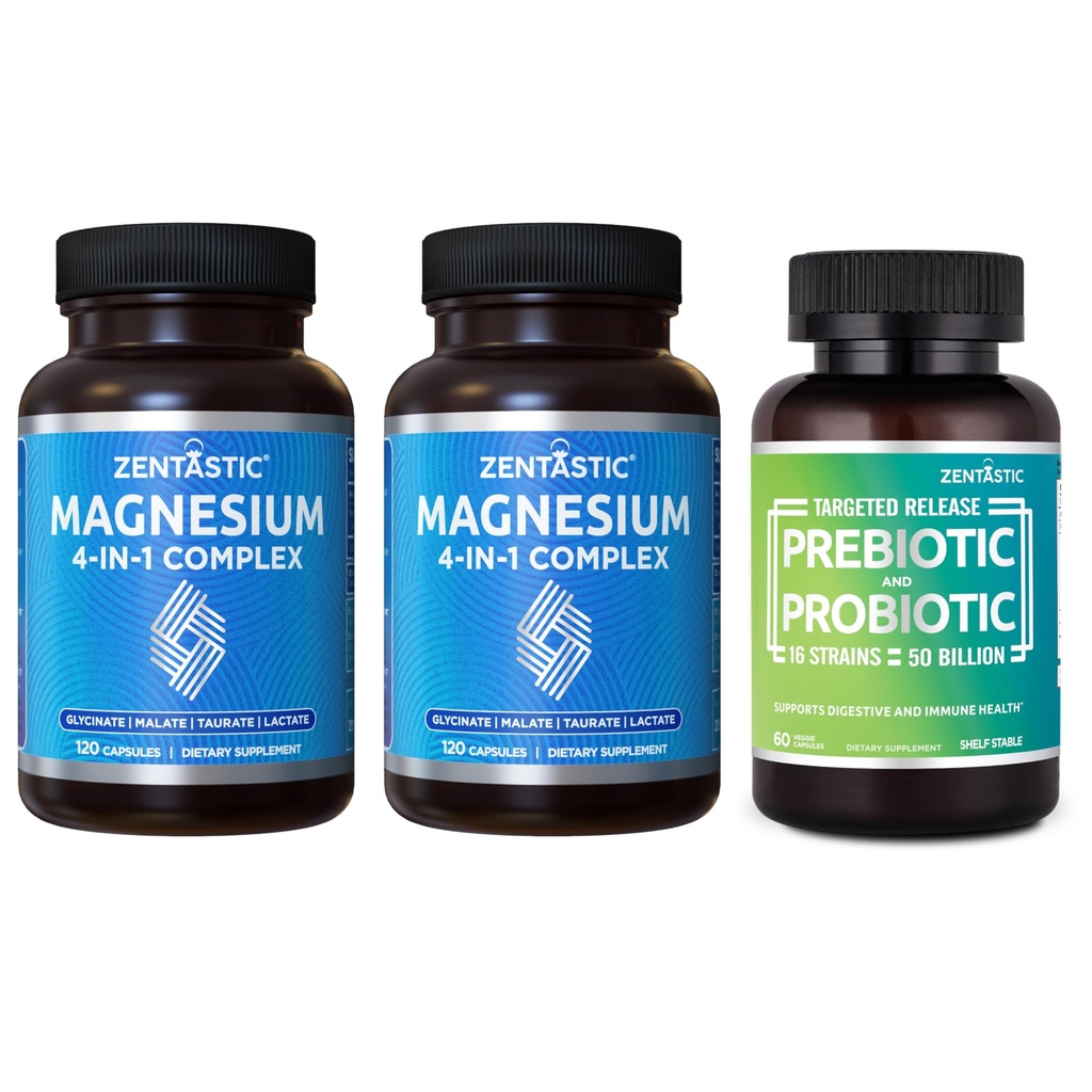 Zentastisk 2 Pack 4- in-1 Magnesiumkompleks - Chelated Magnesium Glycinat, Malat, Taurat & Lactat & 1 Pack Probiotika & Prebiotika Supplement