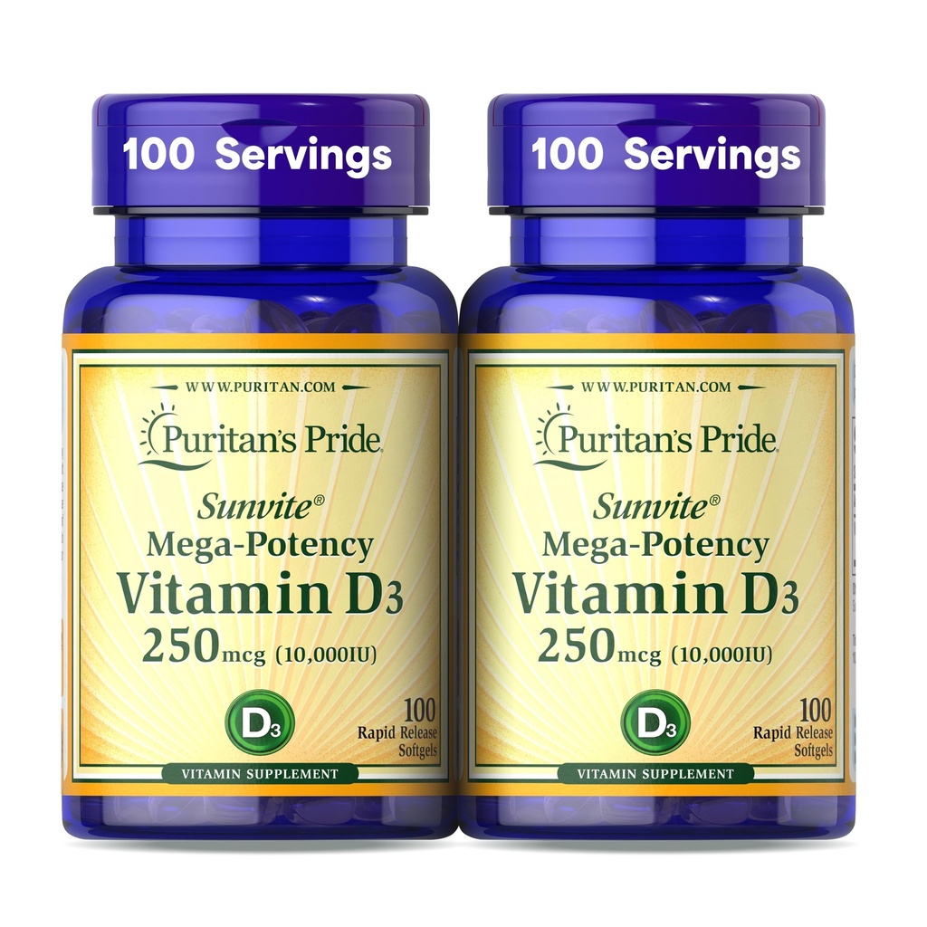 Puritans pride Premium Sunvite ™ Mega- potens D3 10. 000 IE, Kosttilskud til sunde knogler, tænder og immunsystem support, 100 Rapid Release Softels