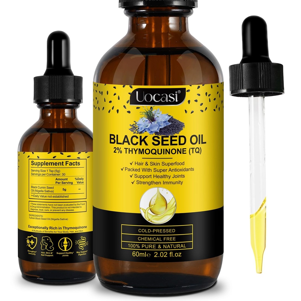 Uocasi Black Seed Oil, Cold Pressed, 100% Pure & Natural, Hårvækst & Hudpleje, 2.02 Fl Oz