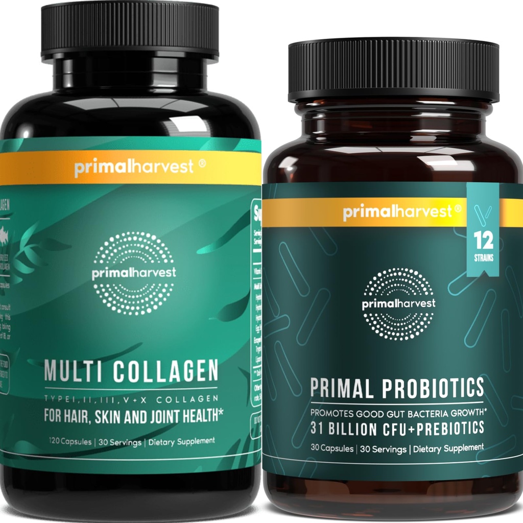 Primær høst Probiotika & Multi Collagen Kosttilskud til kvinder og mænd Pre og Probiotika med 31 Millioner CFU og Collagen Peptider Pills Bundle