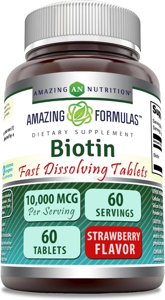 Amazing Formulas Biotin 10,000 mcg | Fast Dissolve Tablets | Non-GMO | Gluten Free Supplement | Made in USA (Strawberry | 60 Count)