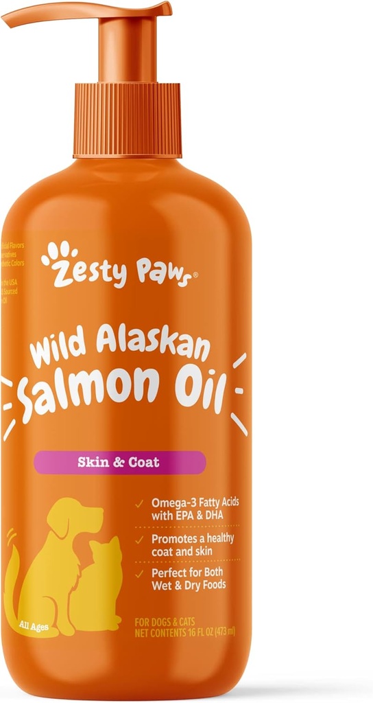 Zesess Paws Wild Alaska Salmon Oil for hunde og katte - Hud og Coat Support, Omega 3 tillæg til kæledyr, 16oz, Pump Top