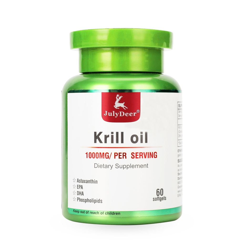 JulyDeer Antarctic Krill Oil 1000 mg med Omega- 3s EPA, DHA, Astaxanthin og Phospholipider 60 Softgels Supplement No Fishy Aftersmage for Joint, Heart, Brain og Immunity