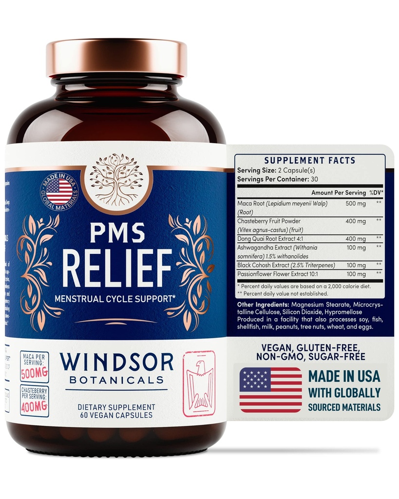 PMS Support for kvinder med chasteberry, Maca Root, Ashwagandha - Periode Relief, Bloating Relief for kvinder, Mood Support, Hormone Balance Urtetilskud - 30 dag, 60 Veganske Kapsler