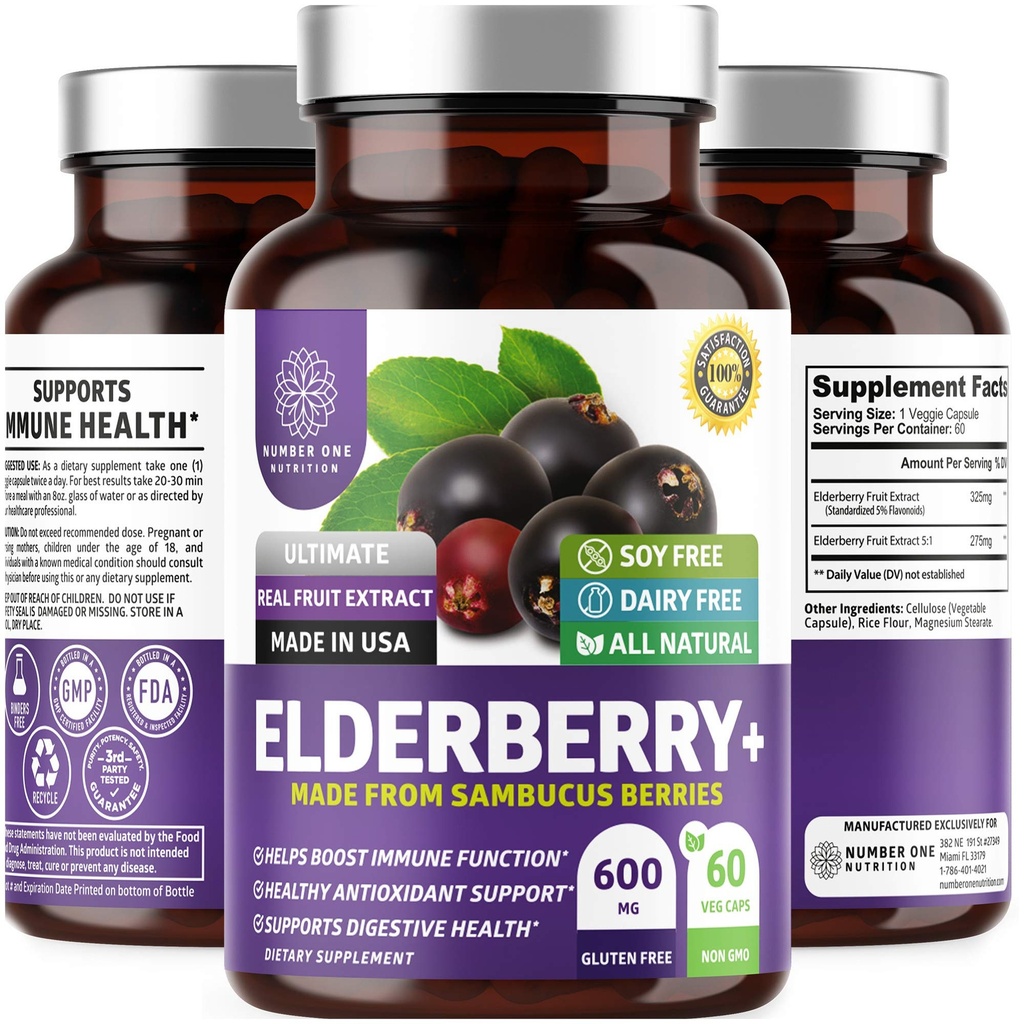 N1N Premium Black Elderberry Kapsler til voksne [Max Strength] Pure og Potent Elderberry fra Sambucus Nigra til støtte Immunitet & Hud Sundhed, Non- GMO, Gluten Free, 60 Veg Caps