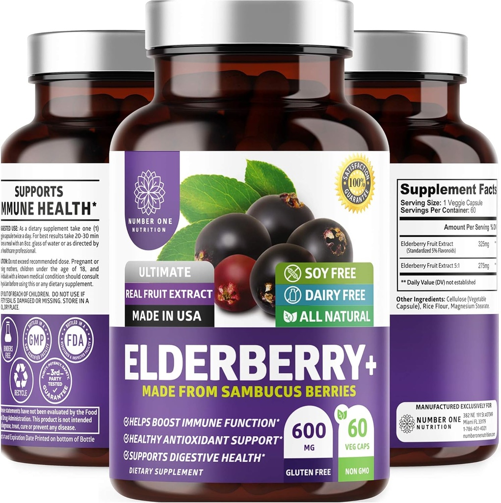 N1N Premium Black Elderberry Kapsler til voksne [Max Strength] Pure og Potent Elderberry fra Sambucus Nigra til støtte Immunitet & Hud Sundhed, Non- GMO, Gluten Free, 60 Veg Caps