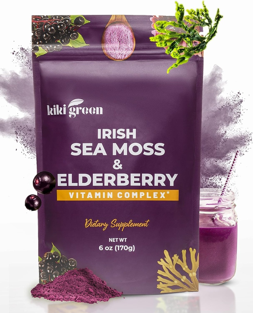 KIKI Green Sea Moss Powder med hyldebær - Vegansk Superfood Multivitamin Blend - til immunboost og support - Tilføj til smoothies, Juice, 6 oz