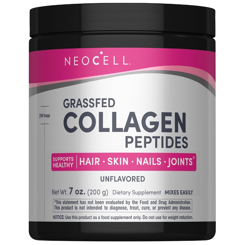 NeoCell Super Collagen Peptider, 10g Collagen Peptider per servering, Gluten Free, Keto Friendly, Non- GMO, Græs Fed, Sund Hår, Hud, Nails og Joints, Unflavored Powder, 7 oz., 1 Canister