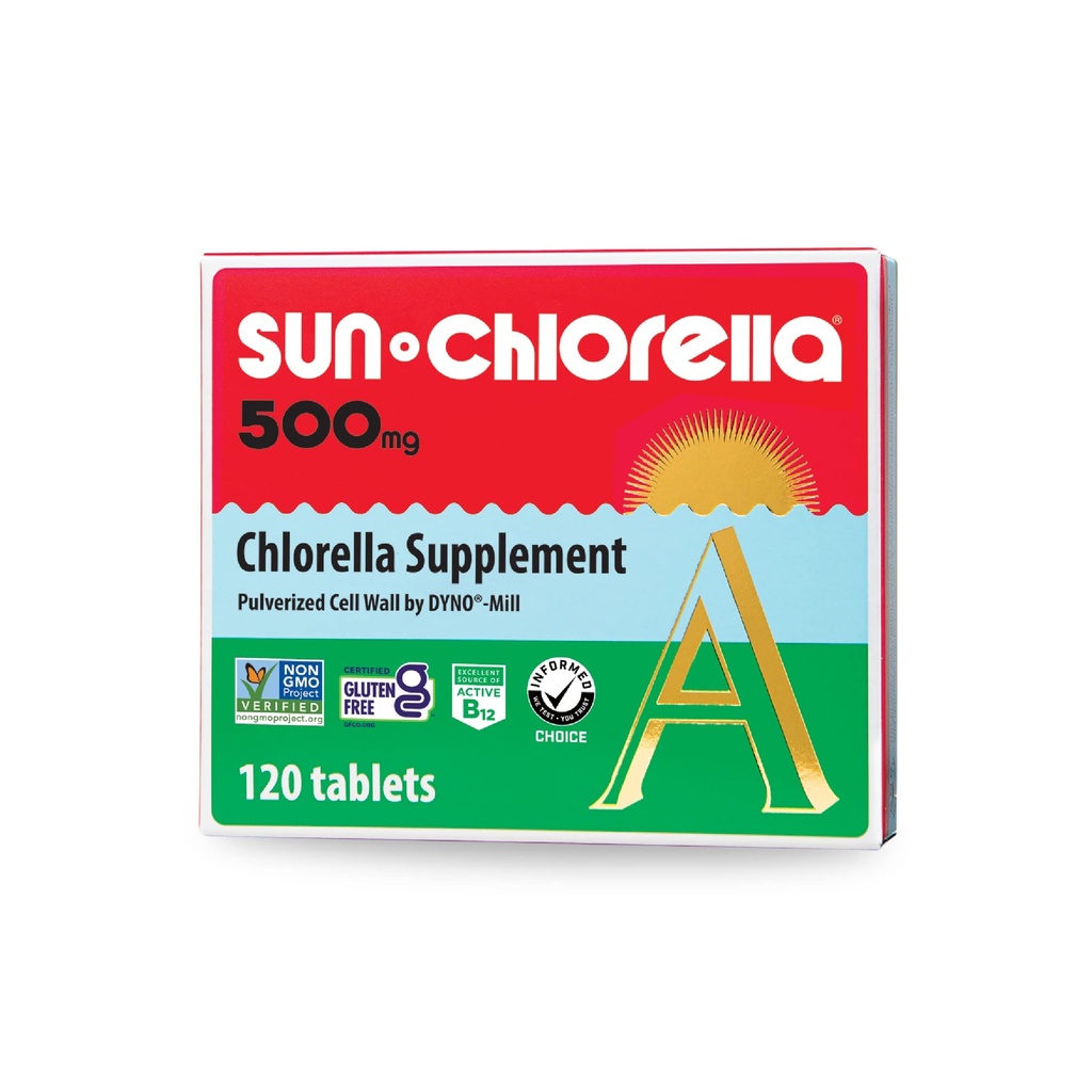 Sun Chlorella 500 mg hele kroppen Wellness Green Algae Superfood supplement - immunforsvar, Gut Health, naturlig rensning, energi Boost - Chlorophyll, B12, jern, protein - non-GMO - 120 tabletter