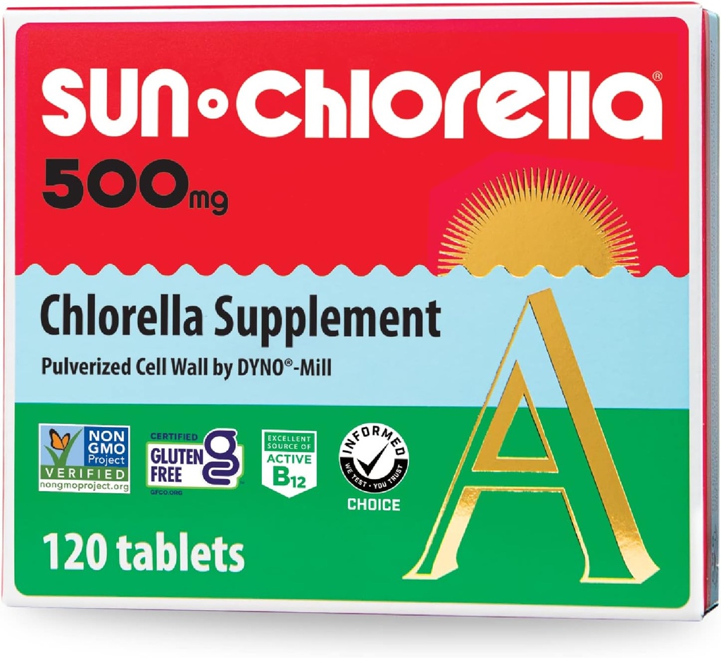 Sun Chlorella 500 mg hele kroppen Wellness Green Algae Superfood supplement - immunforsvar, Gut Health, naturlig rensning, energi Boost - Chlorophyll, B12, jern, protein - non-GMO - 120 tabletter