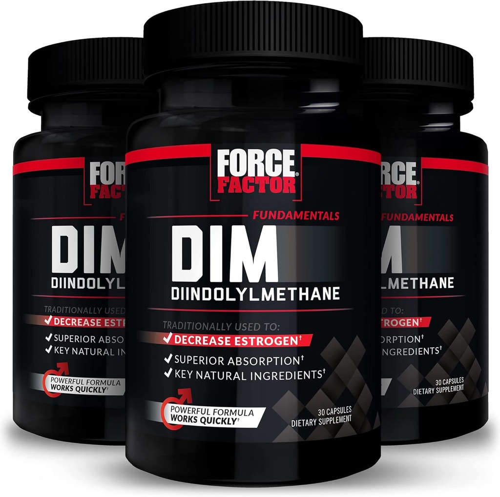 FORCE FACTOR DIM, 3- Pack, piller til at reducere østrogen hos mænd, Diindolylmethan supplement med vigtige naturlige ingredienser og Superior Absorption, Diindolylmethan 300mg, værker hurtigt, 90 kapsler