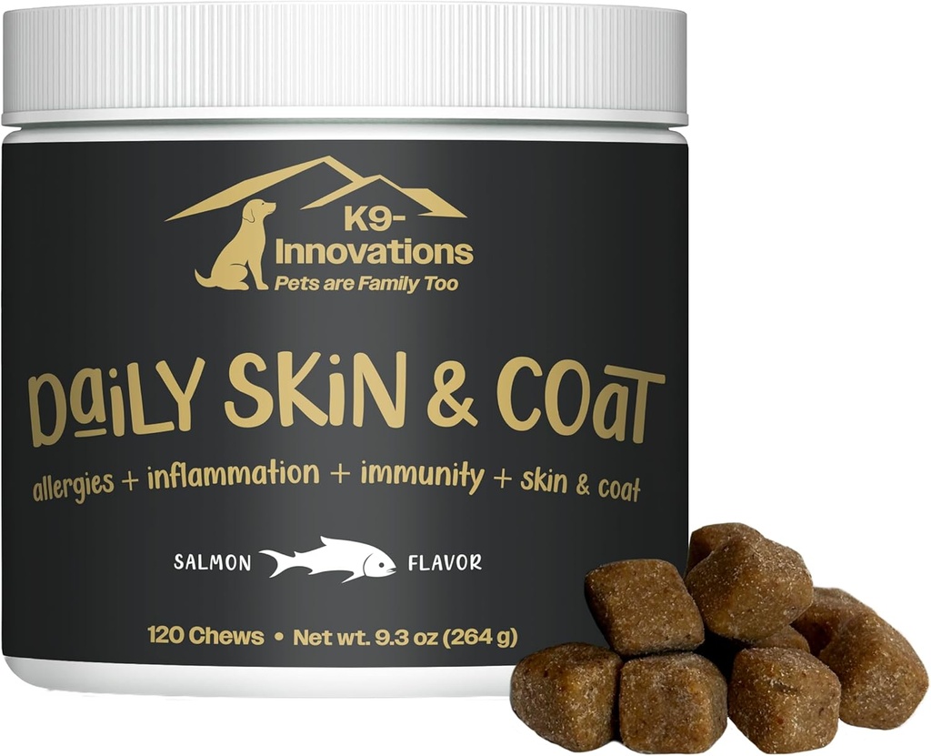 K9-innovationer - Daily Skin & Coat Hund Chews Salmon Flavor - Reducere kløende & Paw Chewing, Omega 3 & VIT C for hudsundhed - 1-4 Månedsforsyning (120qty)