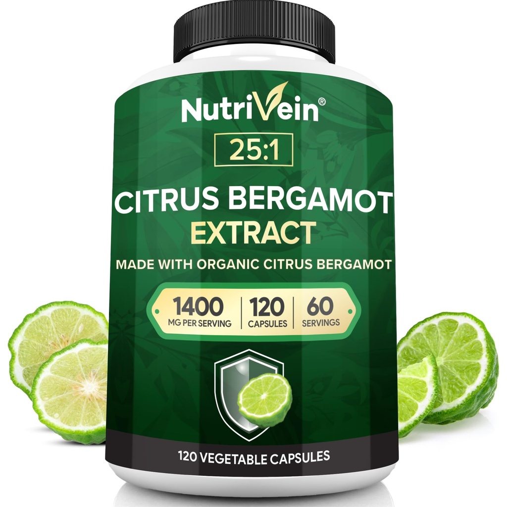 Nutrivein Premium Citrus Bergamot Supplement 1400mg 25: 1 Bergamia Extract - 60 dages forsyning (120 kapsler): Kraftfuld italiensk Citrus Bergamot 1400 mg + høj koncentration - hjerte og kredsløbssystem