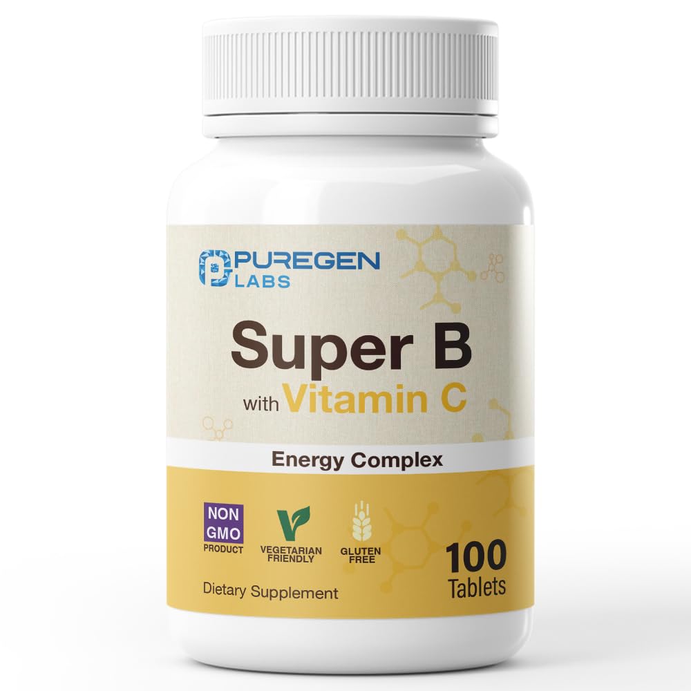 Puregen Labs Super B Energy Complex med C-vitamin - immunforsvar, energi & nervesystem support - non-GMO, Gluten- Free 100 vegetariske tabletter
