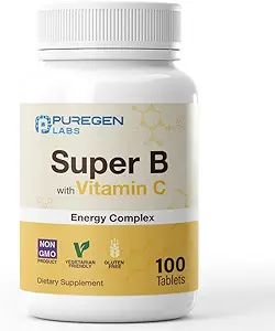 Puregen Labs Super B Energy Complex med C-vitamin - immunforsvar, energi & nervesystem support - non-GMO, Gluten- Free 100 vegetariske tabletter