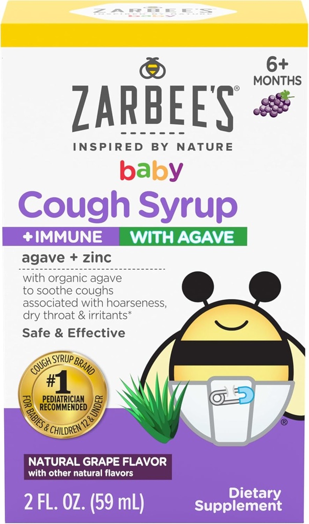 Zarbee 's Baby Hough Syrup + immun med organisk agave + zink; Natural Grape Flavor; for babyer 6 + måneder, 2 Fl Oz (pakke med 1)